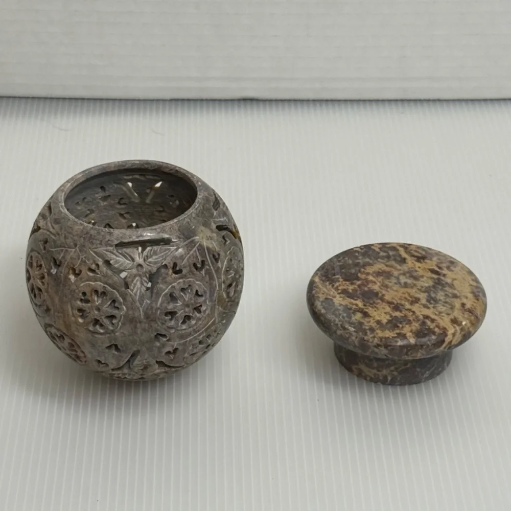 Hand Carved Soap Stone Tea light/Incense holder Orb/Sphere‎ with Base Tribal